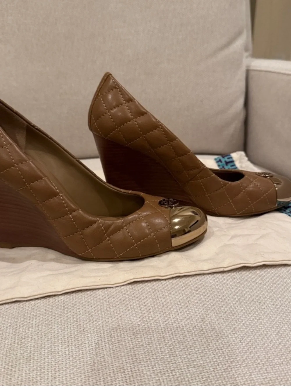 Tory Burch Quilted Tan Leather Ballet Flats with Gold Cap Toe